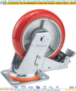 Bánh xe PU đỏ cốt gang bi thép đôi kiểu HQ càng thép mặt bích tải nặng ROX-104-PU-RE-F