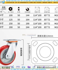 Bánh xe PU đỏ cốt gang bi thép đôi kiểu HQ càng thép mặt bích tải nặng ROX-104-PU-RE-F