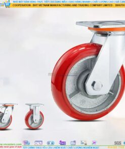 Bánh xe PU đỏ cốt gang bi thép đôi kiểu HQ càng thép mặt bích tải nặng ROX-104-PU-RE-F