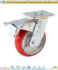 Bánh xe PU đỏ cốt gang bi thép đôi kiểu HQ càng thép mặt bích tải nặng ROX-104-PU-RE-F