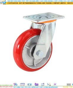 Bánh xe PU đỏ cốt gang bi thép đôi kiểu HQ càng thép mặt bích tải nặng ROX-104-PU-RE-F