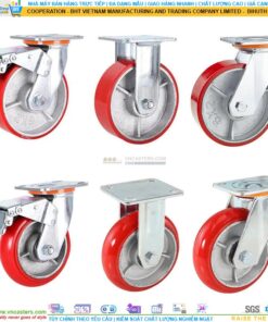Bánh xe PU đỏ cốt gang bi thép đôi kiểu HQ càng thép mặt bích tải nặng ROX-104-PU-RE-F