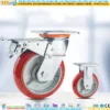 Bánh xe PU đỏ cốt gang bi thép đôi kiểu HQ càng thép mặt bích tải nặng ROX-104-PU-RE-F