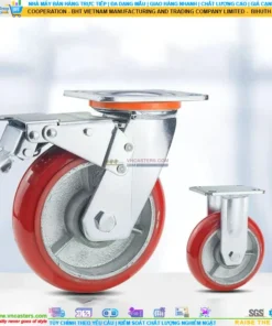 Bánh xe PU đỏ cốt gang bi thép đôi kiểu HQ càng thép mặt bích tải nặng ROX-104-PU-RE-F