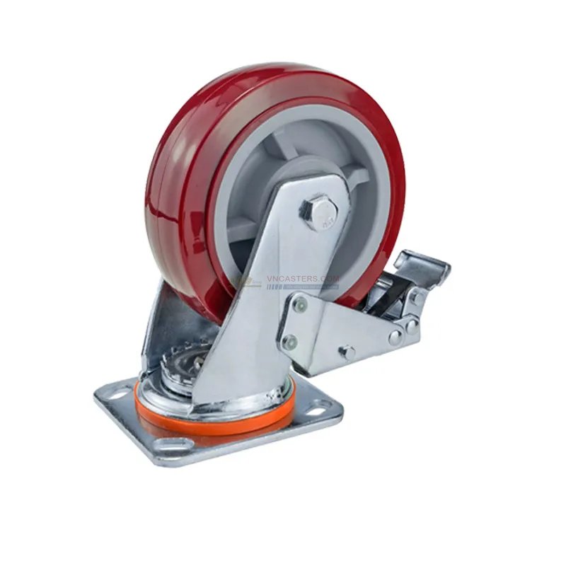 Bánh xe PU đỏ mận cốt nhựa bi đôi càng thép mặt bích tải nặng ROX-102-PU-PR-F 16 Bánh xe PU đỏ mận cốt nhựa bi đôi càng thép mặt bích tải nặng ROX-102-PU-PR-F