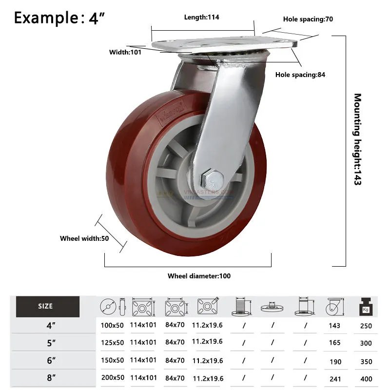 Bánh xe PU đỏ mận cốt nhựa bi đôi càng thép mặt bích tải nặng ROX-102-PU-PR-F 19 Bánh xe PU đỏ mận cốt nhựa bi đôi càng thép mặt bích tải nặng ROX-102-PU-PR-F