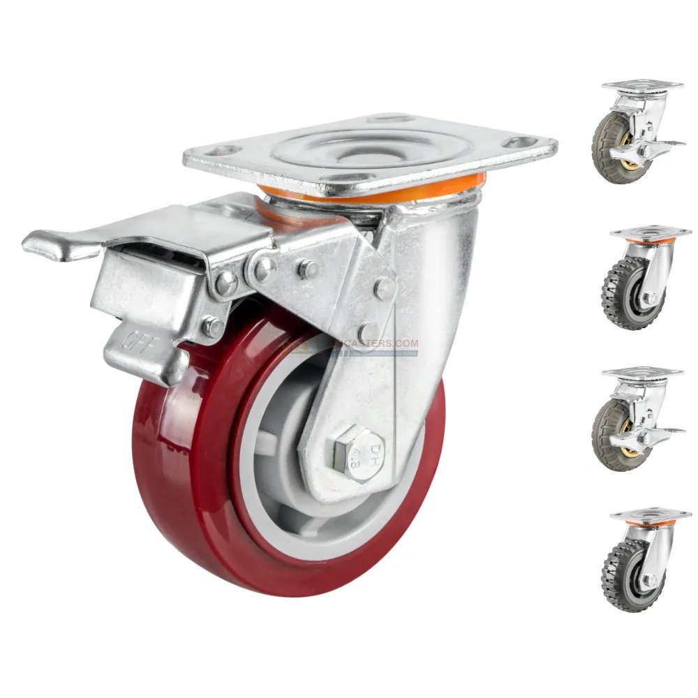 Bánh xe PU đỏ mận cốt nhựa bi đôi càng thép mặt bích tải nặng ROX-102-PU-PR-F 4 Bánh xe PU đỏ mận cốt nhựa bi đôi càng thép mặt bích tải nặng ROX-102-PU-PR-F