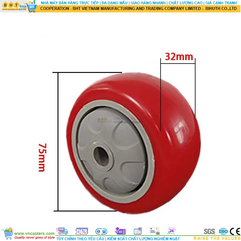 Bánh xe PU đỏ cốt nhựa bi thép đơn tải nhẹ rời ROX-51-PU-RE-10032 4 Bánh xe PU đỏ cốt nhựa bi thép đơn tải nhẹ rời ROX-51-PU-RE-10032