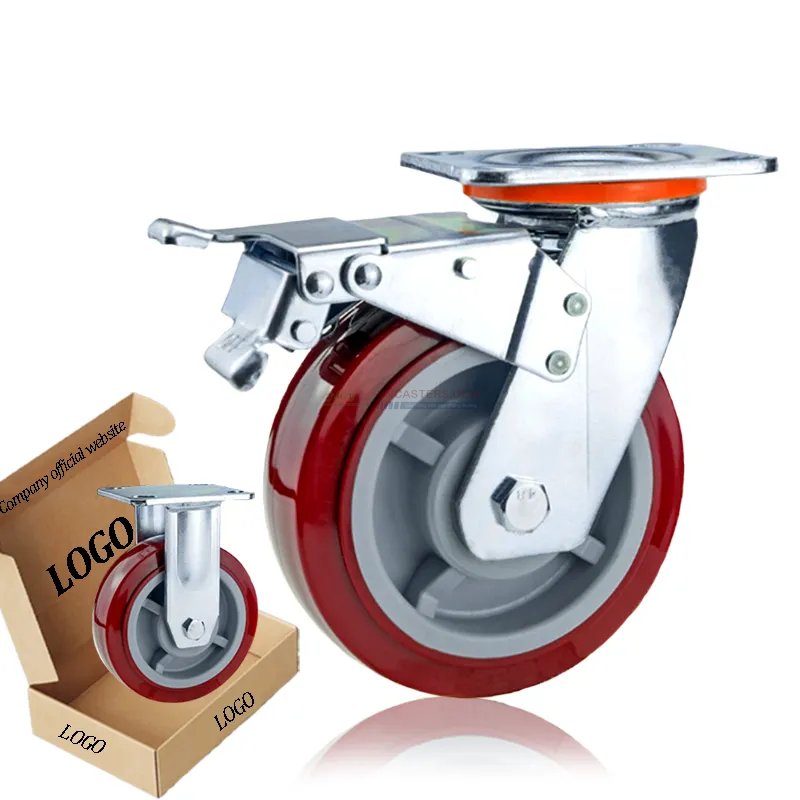 Bánh xe PU đỏ mận cốt nhựa bi đôi càng thép mặt bích tải nặng ROX-102-PU-PR-F 5 Bánh xe PU đỏ mận cốt nhựa bi đôi càng thép mặt bích tải nặng ROX-102-PU-PR-F