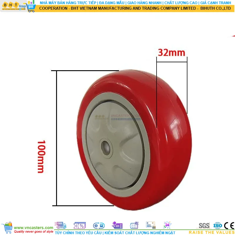 Bánh xe PU đỏ cốt nhựa bi thép đơn tải nhẹ rời ROX-51-PU-RE-10032 5 Bánh xe PU đỏ cốt nhựa bi thép đơn tải nhẹ rời ROX-51-PU-RE-10032