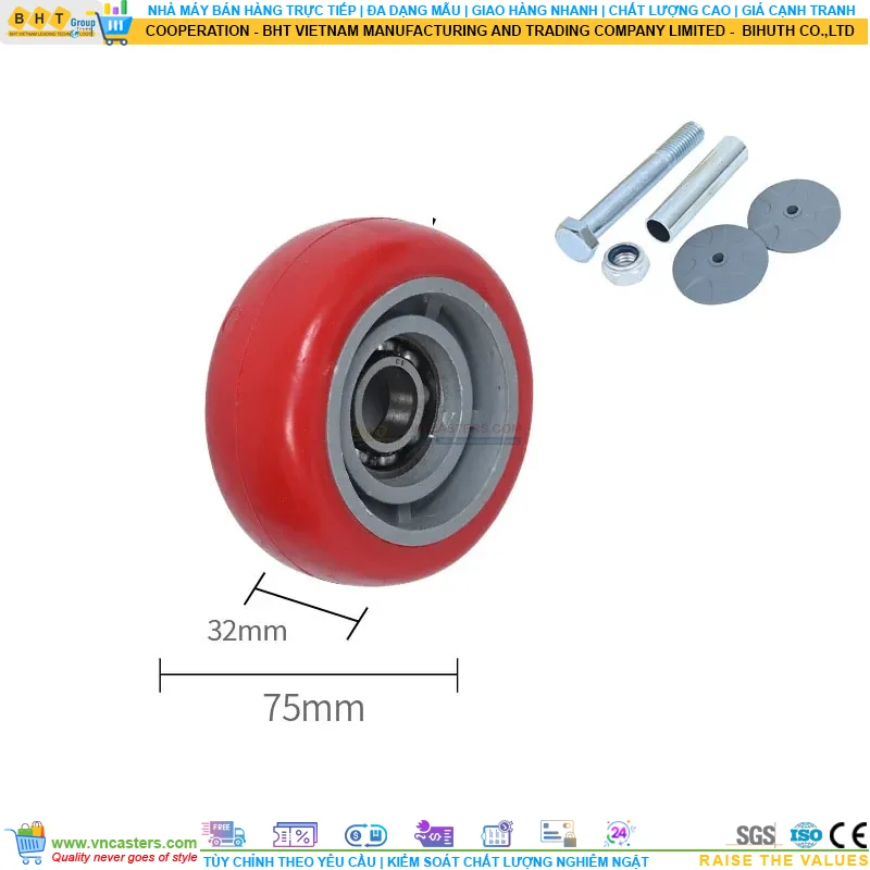 Bánh xe PU đỏ cốt nhựa bi thép đơn tải nhẹ rời ROX-51-PU-RE-10032 6 Bánh xe PU đỏ cốt nhựa bi thép đơn tải nhẹ rời ROX-51-PU-RE-10032