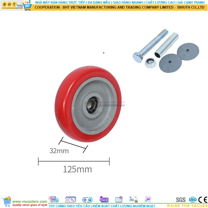 Bánh xe PU đỏ cốt nhựa bi thép đơn tải nhẹ rời ROX-51-PU-RE-10032 7 Bánh xe PU đỏ cốt nhựa bi thép đơn tải nhẹ rời ROX-51-PU-RE-10032