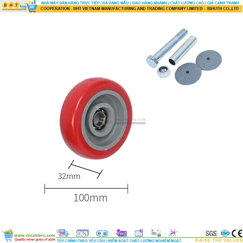 Bánh xe PU đỏ cốt nhựa bi thép đơn tải nhẹ rời ROX-51-PU-RE-10032 8 Bánh xe PU đỏ cốt nhựa bi thép đơn tải nhẹ rời ROX-51-PU-RE-10032