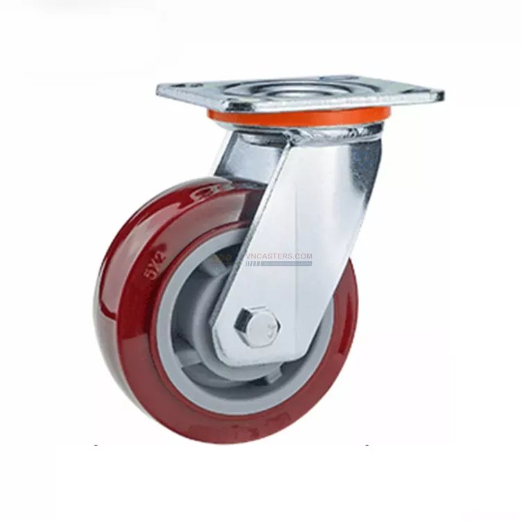 Bánh xe PU đỏ mận cốt nhựa bi đôi càng thép mặt bích tải nặng ROX-102-PU-PR-F 10 Bánh xe PU đỏ mận cốt nhựa bi đôi càng thép mặt bích tải nặng ROX-102-PU-PR-F