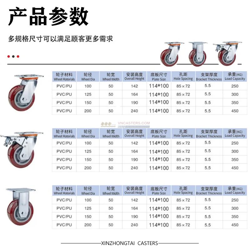Bánh xe PU đỏ mận cốt nhựa bi đôi càng thép mặt bích tải nặng ROX-102-PU-PR-F 11 Bánh xe PU đỏ mận cốt nhựa bi đôi càng thép mặt bích tải nặng ROX-102-PU-PR-F