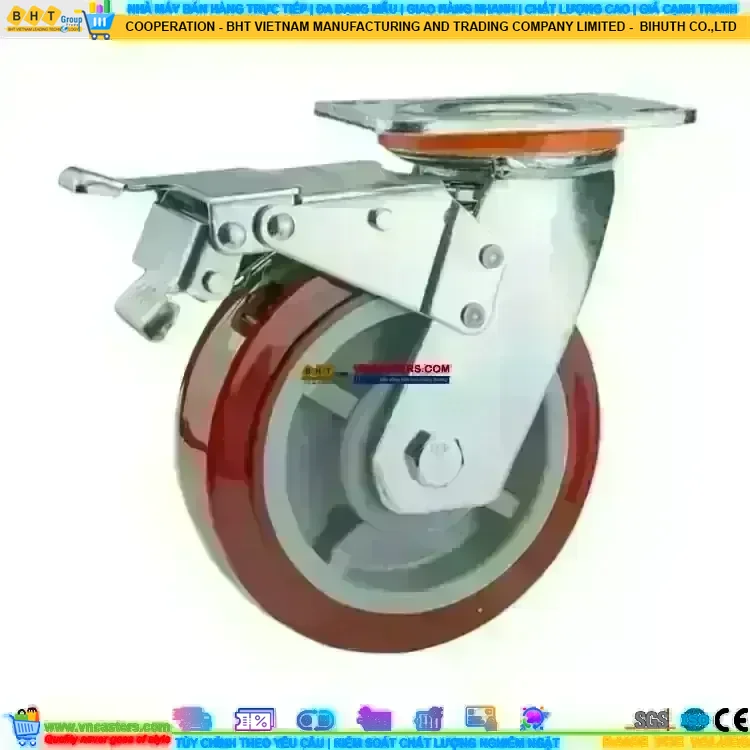 Bánh xe PU đỏ mận cốt nhựa bi đôi càng thép mặt bích tải nặng ROX-102-PU-PR-F 1 Bánh xe PU đỏ mận cốt nhựa bi đôi càng thép mặt bích tải nặng ROX-102-PU-PR-F